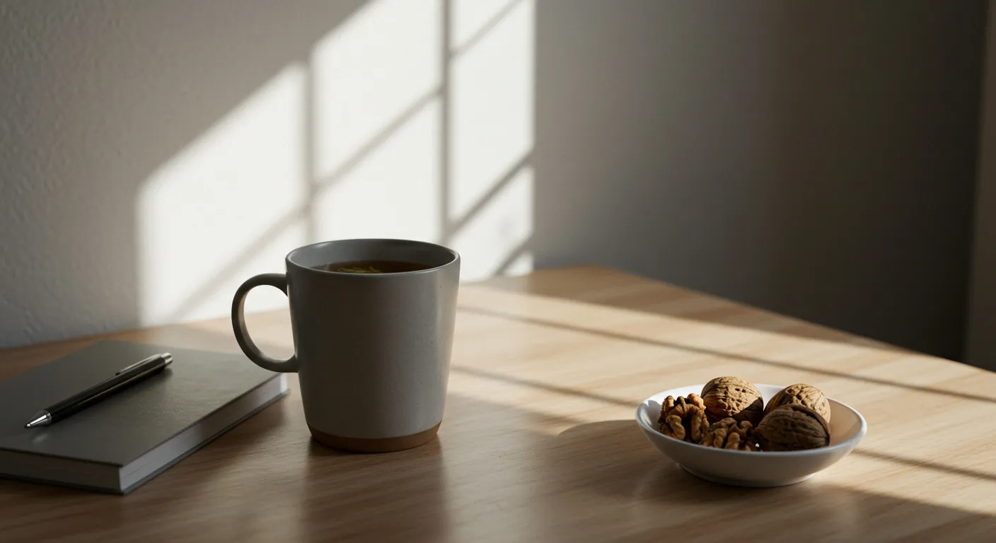 A quiet table by a window with a mug of tea, a small dish of walnuts, and a closed notebook