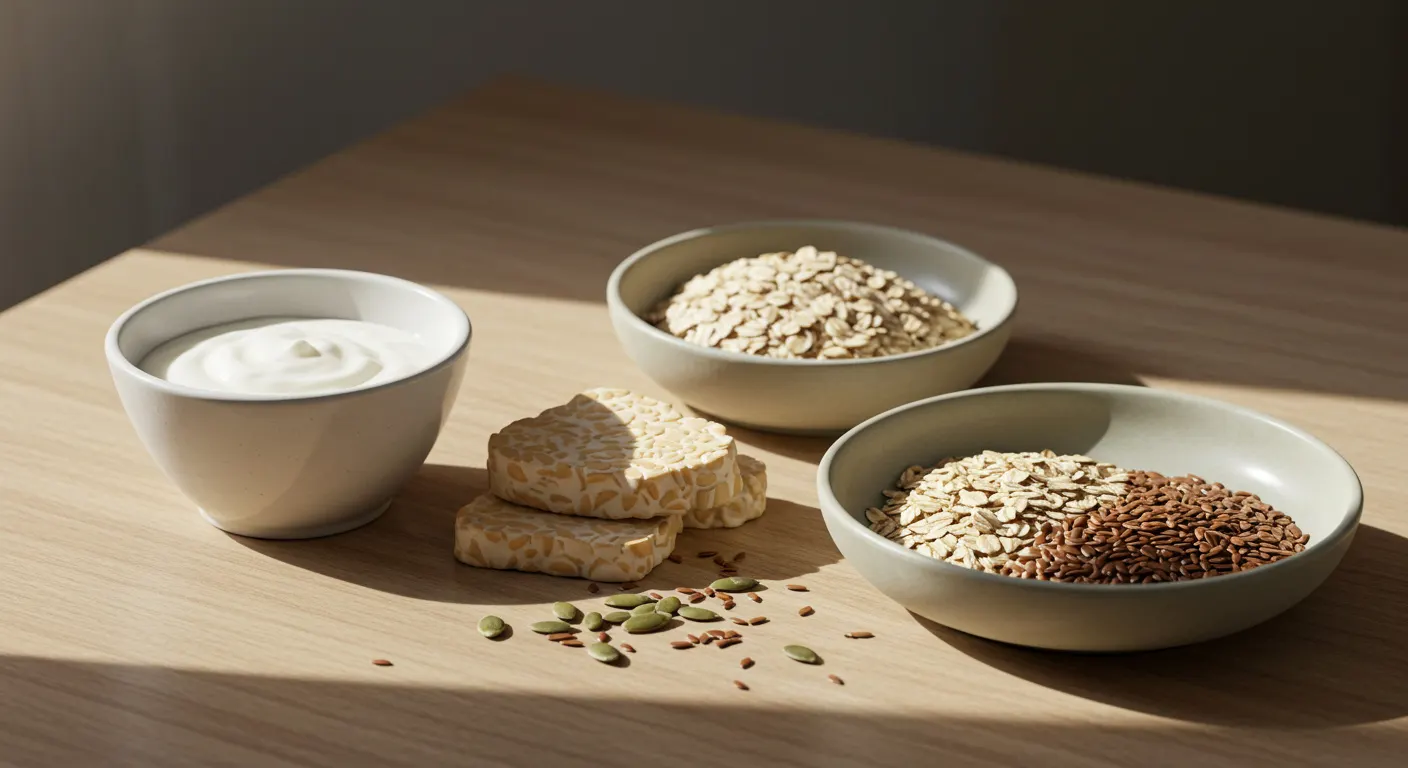 Fermented and fibre foods in bowls on a wooden table: yoghurt, tempeh, oats, flax and pumpkin seeds