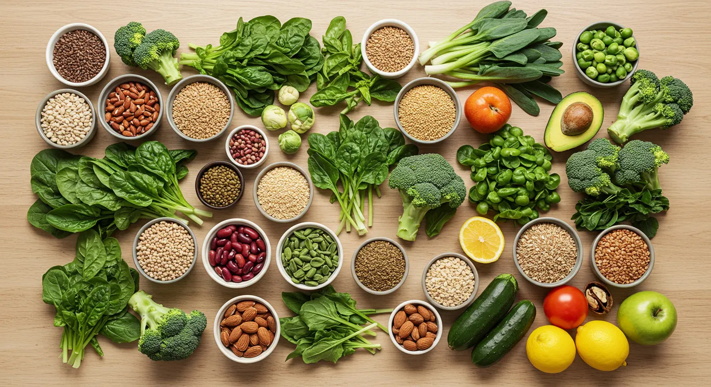 A wide overhead spread of many different vegetables, wholegrains, beans, nuts and fruit