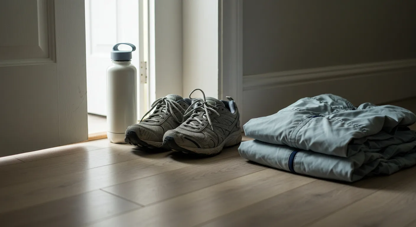 Worn walking shoes, a water bottle and a folded jacket by a doorway in soft daylight