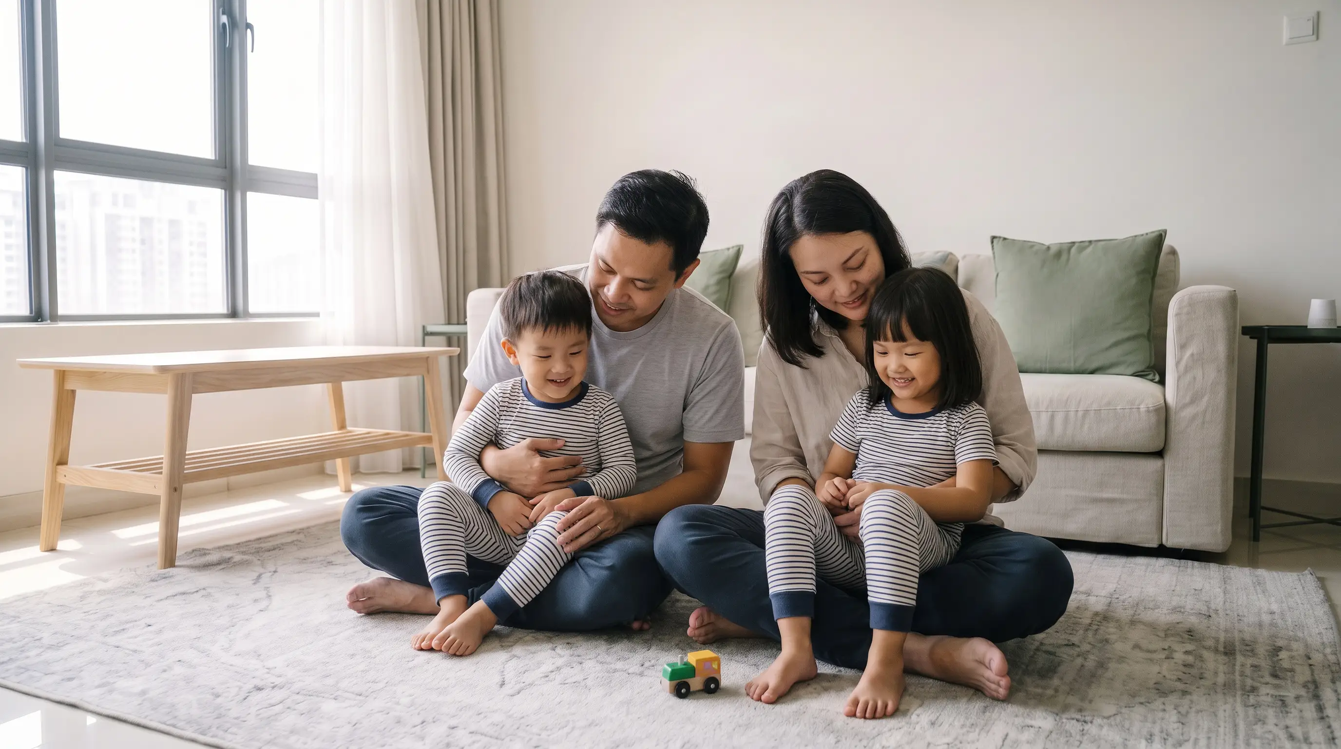 A family sitting together on the floor at home, parents with their two young children