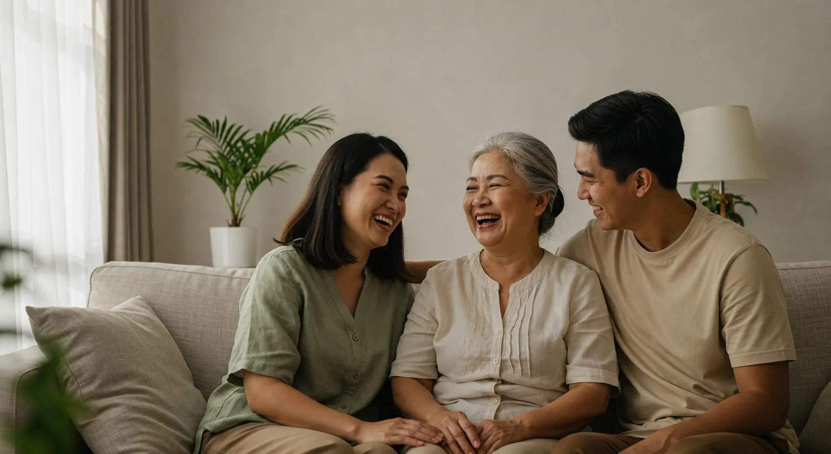 Three generations of a family laughing together at home