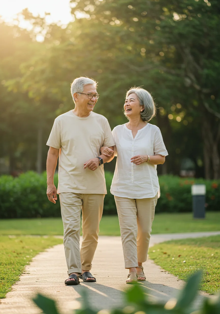 Active older couple walking outdoors in the early morning
