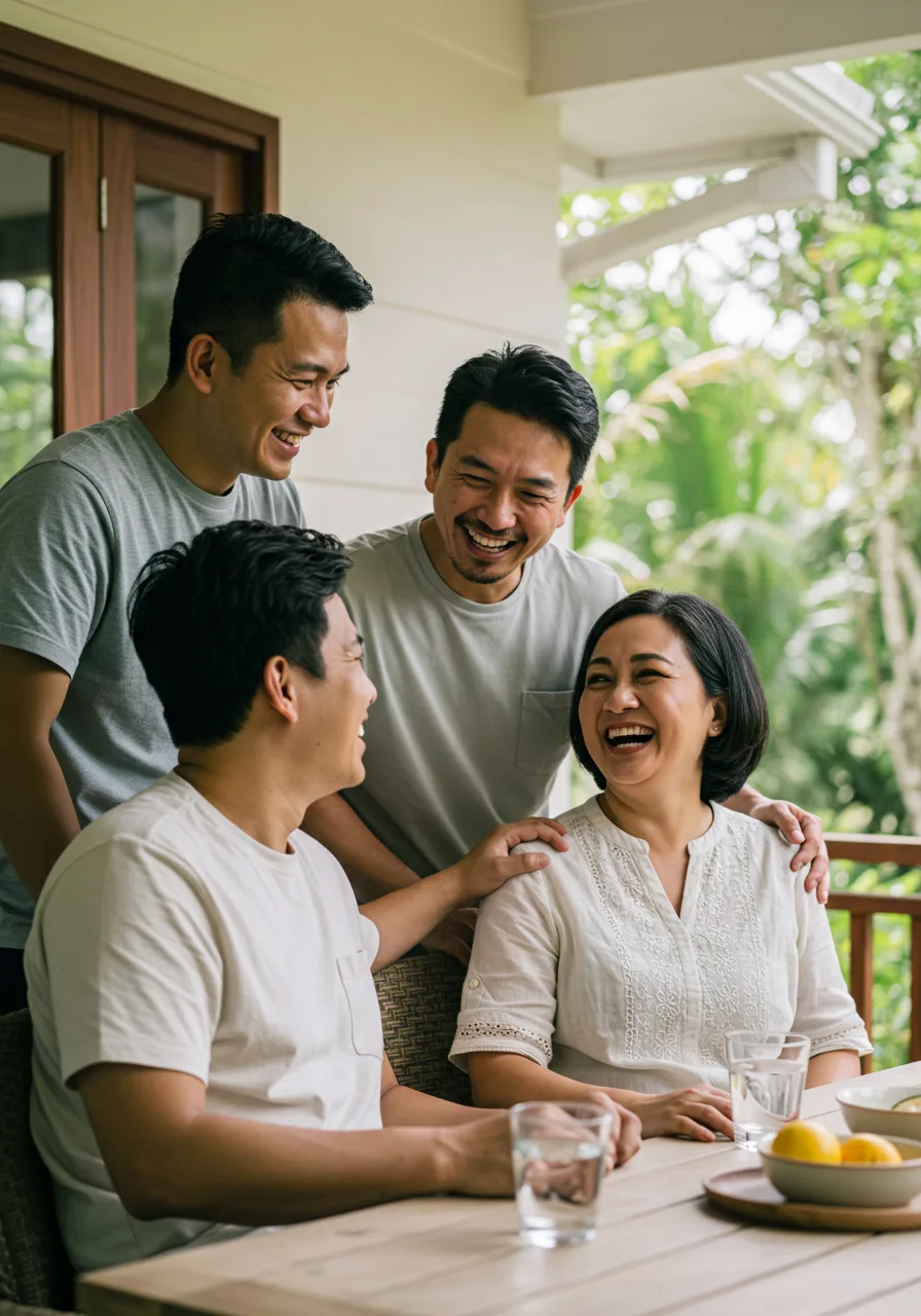 A family laughing together on the porch of their home