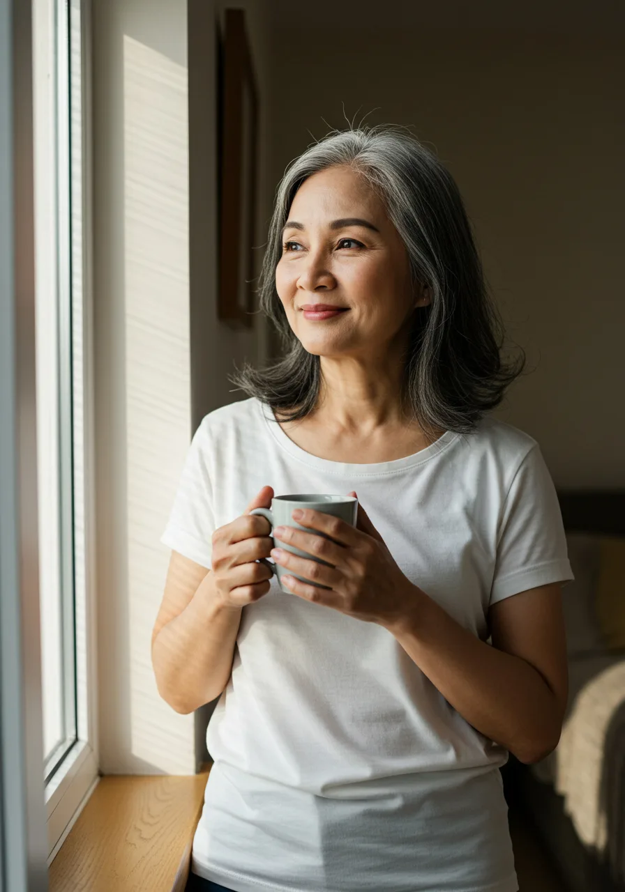 Woman in her 50s by a window, thoughtful, warm morning light